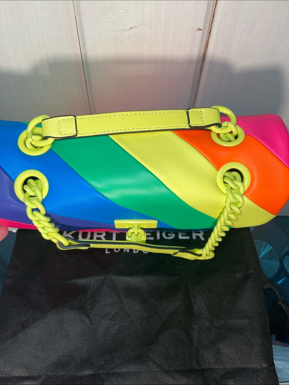Kurt Geiger London Brixton Lock Multi Color Shoulder Leather Bag Neon Chain NWT - Picture 4 of 12